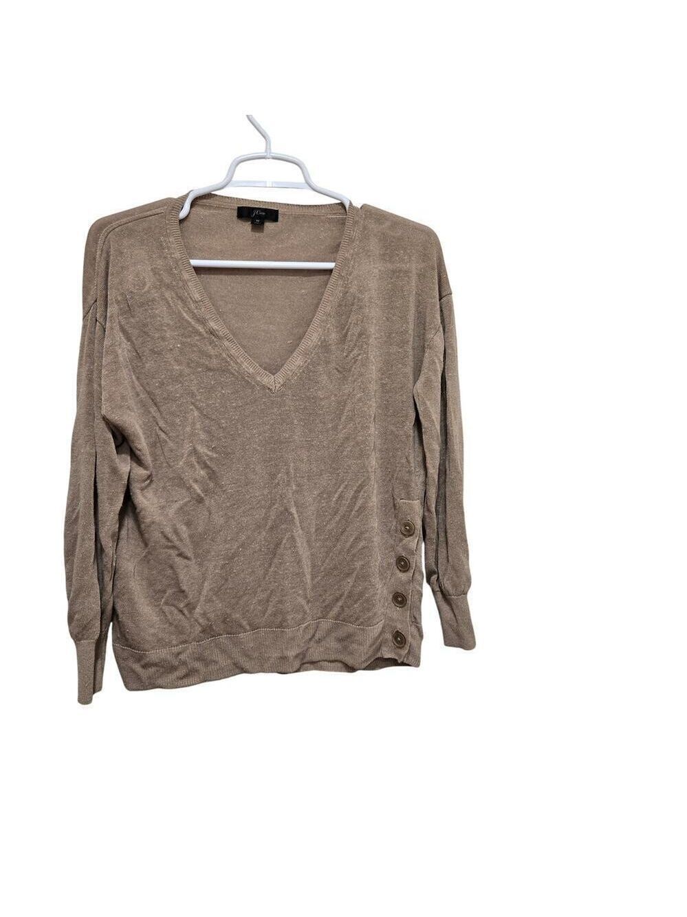 J.Crew Linen Blend V-Neck Side Button Sweater Tan Medium Coastal Preppy